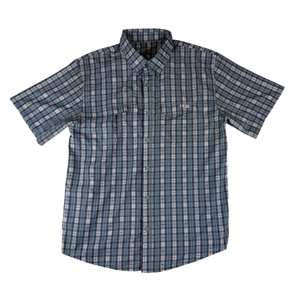 Huk Fishing Shirt Mens Medium Blue Plaid Short‎ Sleeve Performance H1500070